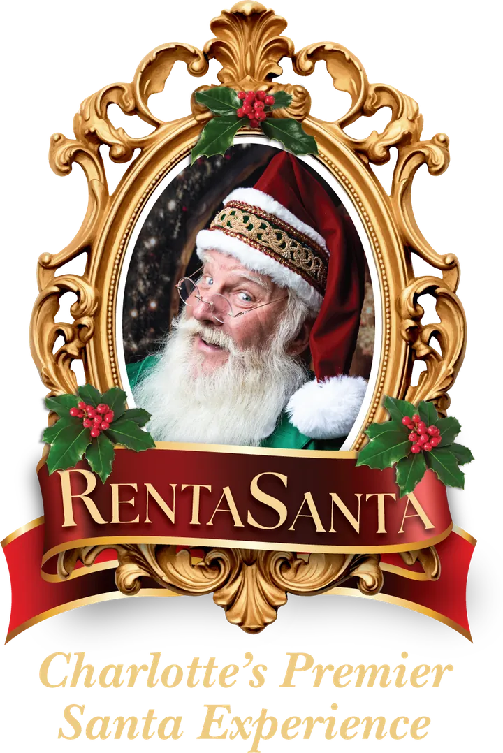 The RentaSanta crest: Santa Doug in a gilded frame — Charlotte's Premier Santa Experience
