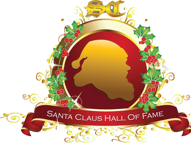 The Santa Claus Hall of Fame crest: a gold Santa silhouette in a holly wreath above a red ribbon