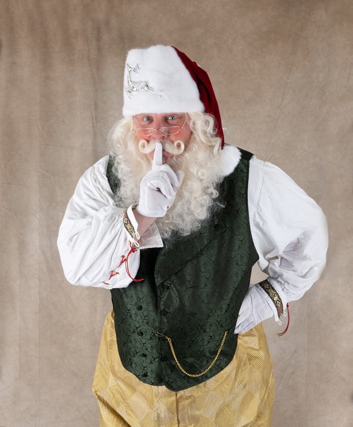 Santa Doug as the Toy Maker in a green vest